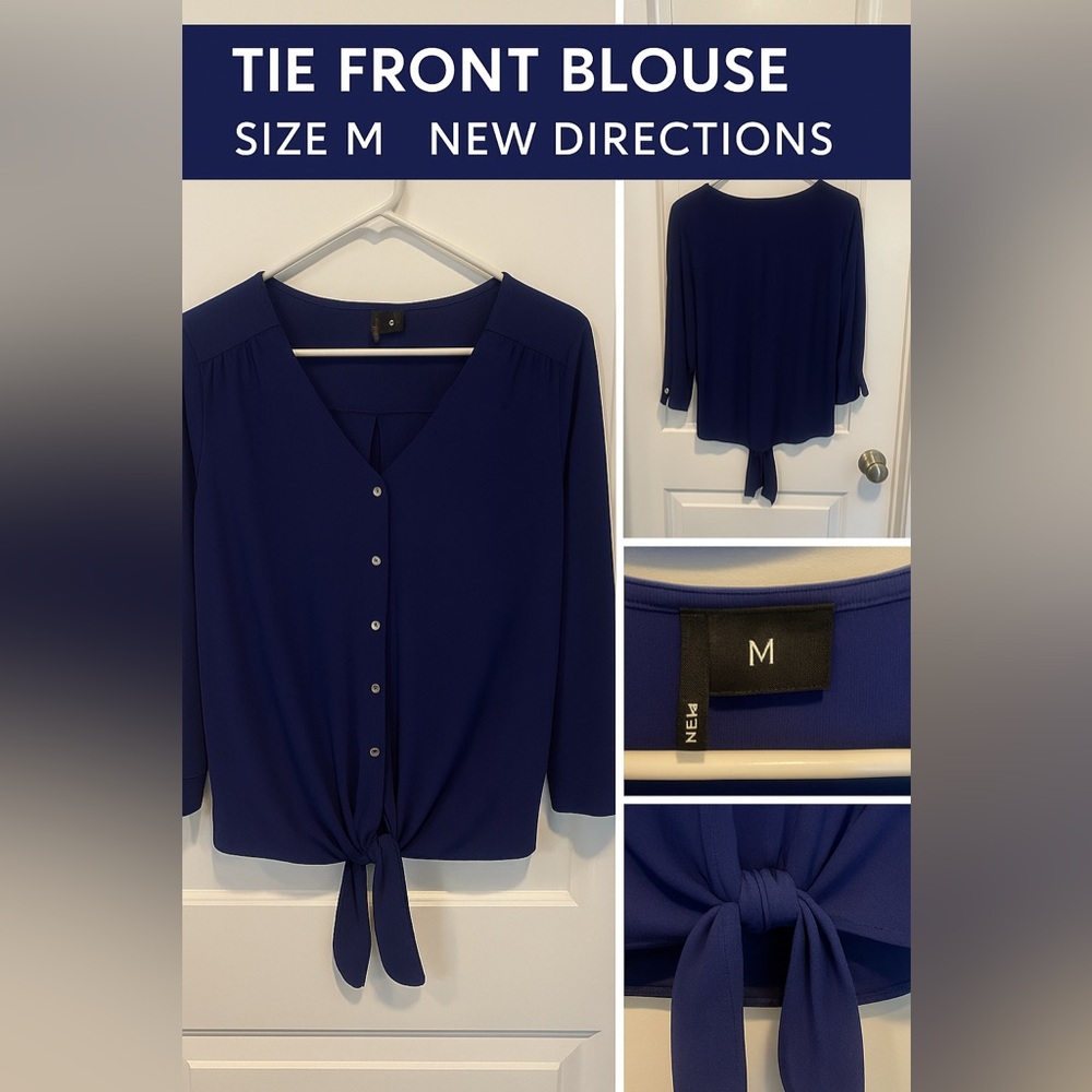 New Directions Tie Front Blouse | Size M | Navy Button-Up 3/4 Sleeve Top
